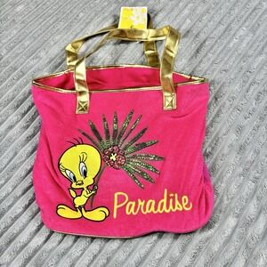 NWT‎ Vintage Y2K Tweety Bird Hot Pink and Gold Terry Cloth Paradise Large Tote